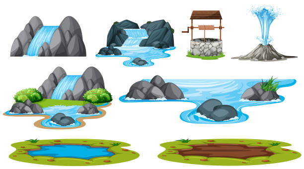 set von isoliertem wasserelement - water river waterfall stream stock-grafiken, -clipart, -cartoons und -symbole