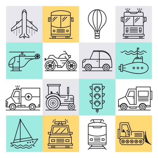 Vector illustration of Automotive Industry Development Outline Style Vector Icon Set