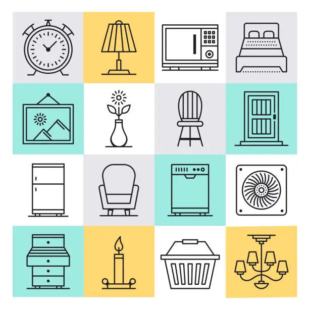 Vector illustration of Furniture Manufacturer & Retailer Outline Style Vector Icon Set