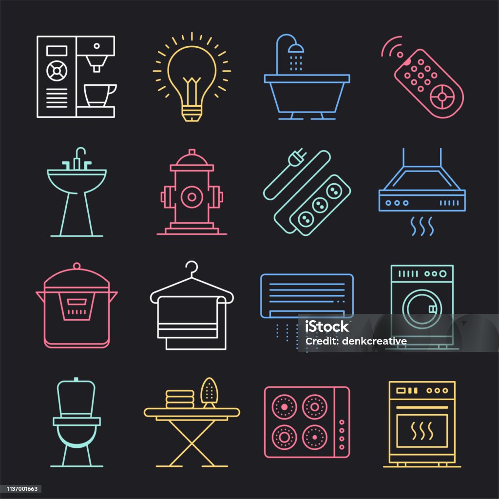 Accommodation Rental Service Neon Style Vector Icon Set Accommodation rental service neon style concept outline symbols. Line vector icon sets for infographics and web designs. Banner - Sign stock vector