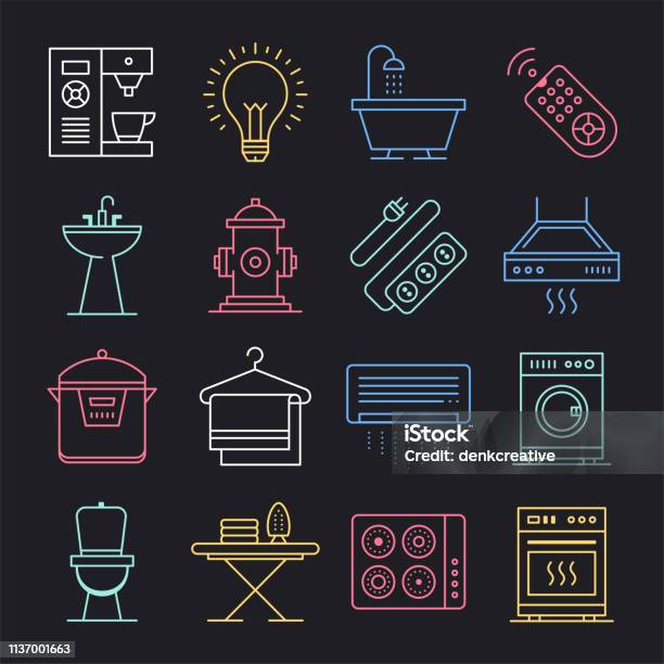 Accommodation Rental Service Neon Style Vector Icon Set Stock Illustration - Download Image Now