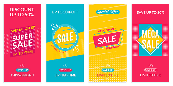 Instagram Stories Sale banner design templates. Discount Frames for Insta story. Social Media layout with Swipe Up button. Special offer and Price off coupon. Vector illustration.