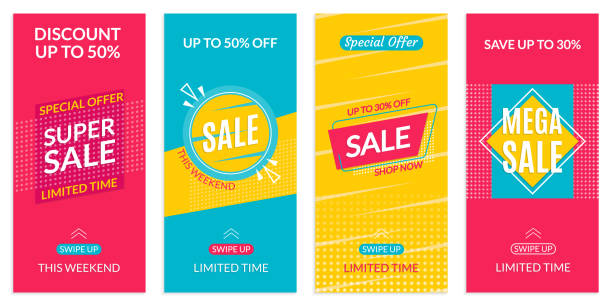 Instagram Stories Sale banner design templates. Discount Frames for Insta story. Social Media layout with Swipe Up button. Special offer and Price off coupon. Vector illustration. Instagram Stories Sale banner design templates. Discount Frames for Insta story. Social Media layout with Swipe Up button. Special offer and Price off coupon. Vector illustration. handing out flyers stock illustrations