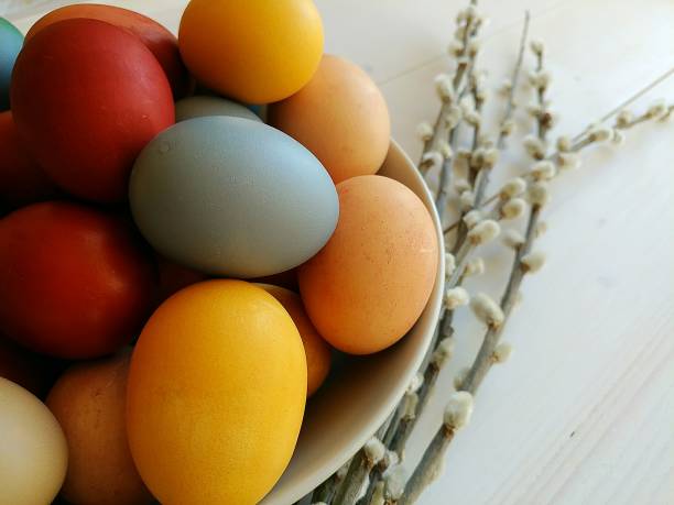 istock Natural dyed eggs with items from pantry. Easter holiday. 1137002831