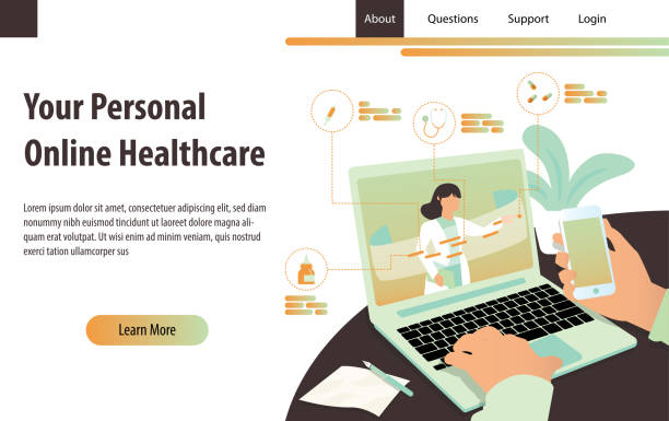istock Personal online healthcare concept with doctor doing a consultation. Landing modern page template vector illustration. - Vector 1137004599