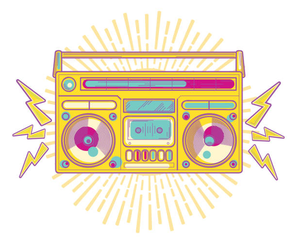 Colorful funky boom box decorative vector artwork audio cassette illustrations stock illustrations