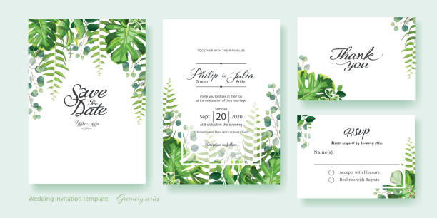 Greenery wedding Invitation, save the date, thank you, rsvp card Design template. Summer leaf, silver dollar eucalyptus, olive leaves, fern, Wax flower. Greenery wedding Invitation, save the date, thank you, rsvp card Design template. Vector. Summer leaf, silver dollar eucalyptus, olive leaves, fern, Wax flower. anniversary invitation backgrounds greeting card stock illustrations