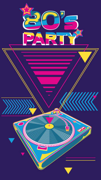 ilustrações de stock, clip art, desenhos animados e ícones de 80s  party - funky colorful music design - dance floor audio