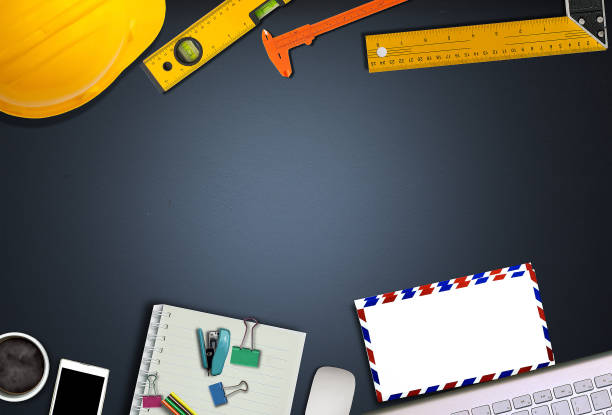 istock Office desk background with construction project ideas concept, With laptop computer, drawing equipment and cup of coffee 1137007547