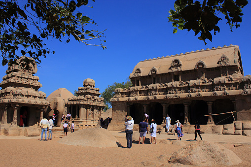 Mahabalipuram, India -February 25,2019 : Unidentified people visit the UNESCO world heritage monuments on Mahabalipuram, Tamil Nadu,India.