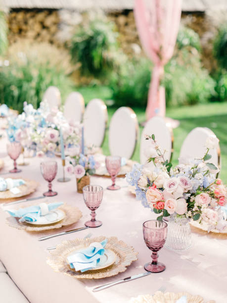 istock Table setting at a luxury wedding reception. Outdoor wedding 1137013523