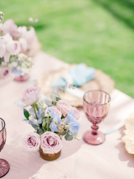 istock Table setting at a luxury wedding reception. Outdoor wedding 1137013529