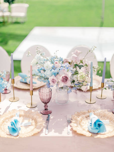 istock Table setting at a luxury wedding reception. Outdoor wedding 1137013605