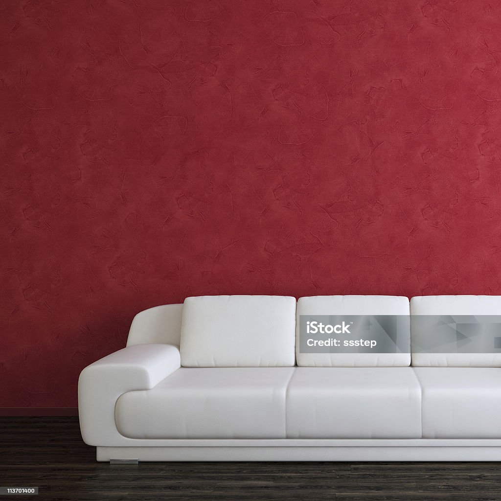 Innenraum mit Rote Wand und weißen Sofa - Lizenzfrei Sofa Stock-Foto