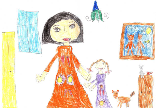 ilustrações de stock, clip art, desenhos animados e ícones de child's drawing of a happy family inside house - drawing child childs drawing family
