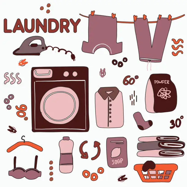 Vector illustration of Memphis laundry decoration. Cute hand-drawn doodle cartoon illustration.  House keeper modern art.  Vector illustration.