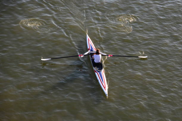 Crew team rowing on river with railroad bridge in background during autumn