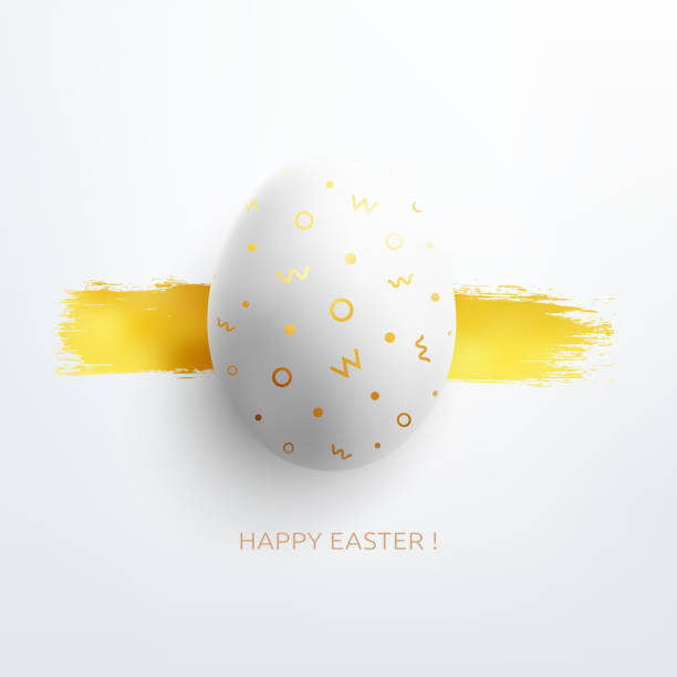 schönes und originelles minimalistisches osterferienkarten-design mit weißem ei mit goldbemaltem muster-objekt isoliert auf weißer karte mit goldenem horizontaler pinselstrich und happy easter text unter dem ei-3d-vektordarstellung - easter egg easter isolated three dimensional shape stock-grafiken, -clipart, -cartoons und -symbole