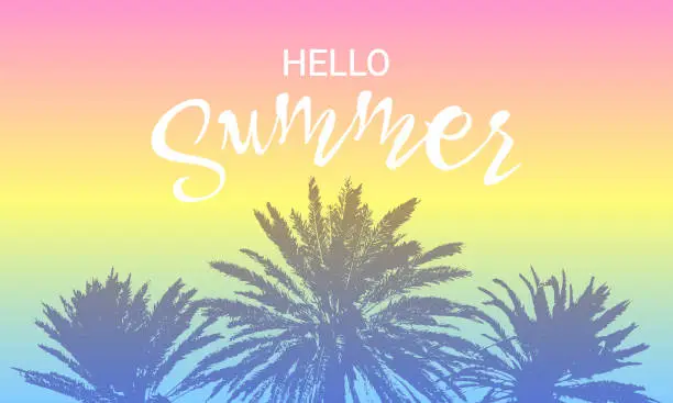 Vector illustration of Hello Summer message. Brush Palm Trees card. Concept design for tshirt print, party. Sunset or sunrise with ink palms. Tropical summer. Place for text.
