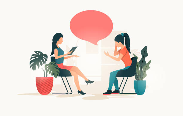 A Young Women Talking To A Therapist A young women talking to a therapist about her issues and wellbeing. People Vector illustration psychotherapy illustrations stock illustrations