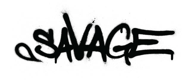 graffiti dzikie słowo spryskane w kolorze czarnym na białym - devastating stock illustrations