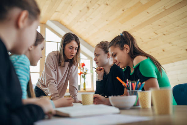 istock Lady teacher and young girls on private class 1137021888
