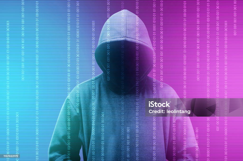 Hacker In Black Hoodie Standing With Digital Binary Code Stock Photo ...