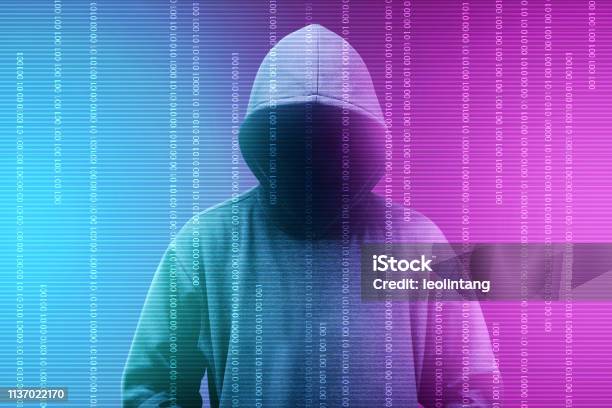 Hacker In Black Hoodie Standing With Digital Binary Code Stock Photo ...