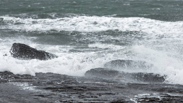 istock Splash of huge waves on a rocky shore 1137022888