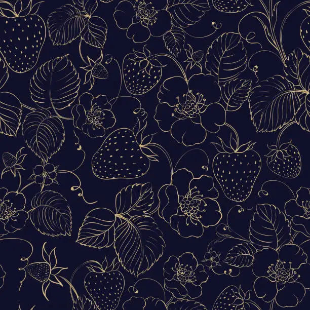 Vector illustration of Seamless pattern of golden strawberry on dark background.