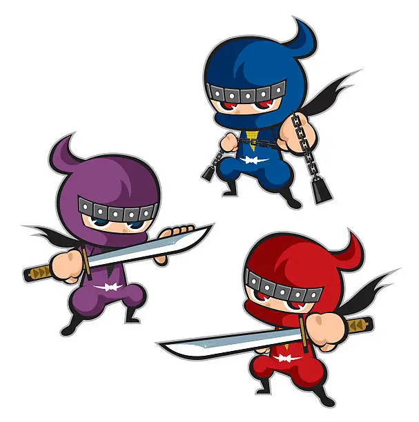 Vector illustration of Three animated ninjas of various colors isolated on white