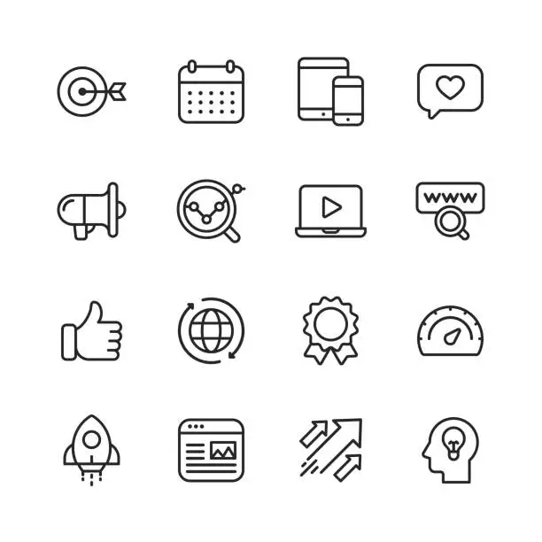 Vector illustration of Marketing Line Icons. Editable Stroke. Pixel Perfect. For Mobile and Web. Contains such icons as Target, Growth, Brainstorming, Advertising, Social Media.