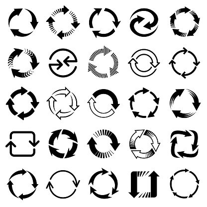 Set of black vector arrows, circular design elements, different shapes