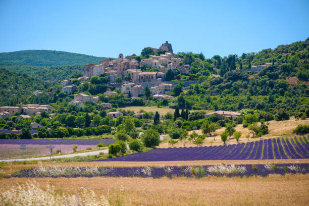 città di saint-saturnin-les-apt sulla collina con campi di lavanda a valle - provenza alpi costa azzurra foto e immagini stock