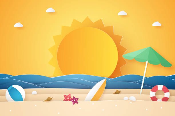 Summer time , sea and beach with stuff  , paper art style Summer time , sea and beach with stuff  , paper art style beach holidays stock illustrations