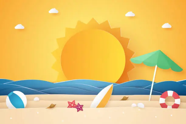 Vector illustration of Summer time , sea and beach with stuff  , paper art style