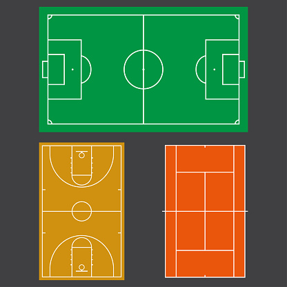 Football or soccer, tennis and basketball fields. Realistic blackboard for tactic plan. Colorful vector illustration.