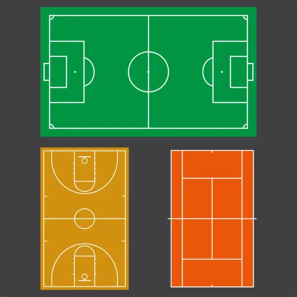 Vector illustration of Football or soccer, tennis and basketball fields. Realistic blackboard for tactic plan. Colorful vector illustration.