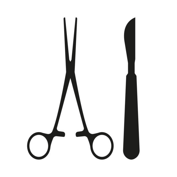 Surgical Instrument. Medical scalpel and clamp icon isolated on white background. Vector illustration. Surgical Instrument. Medical scalpel and clamp icon isolated on white background. Vector illustration. knife wound illustrations stock illustrations