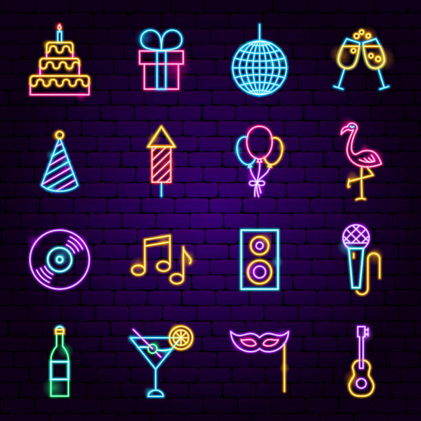 Birthday Party Neon Icons Birthday Party Neon Icons. Vector Illustration of Happy Promotion. neon lighting stock illustrations