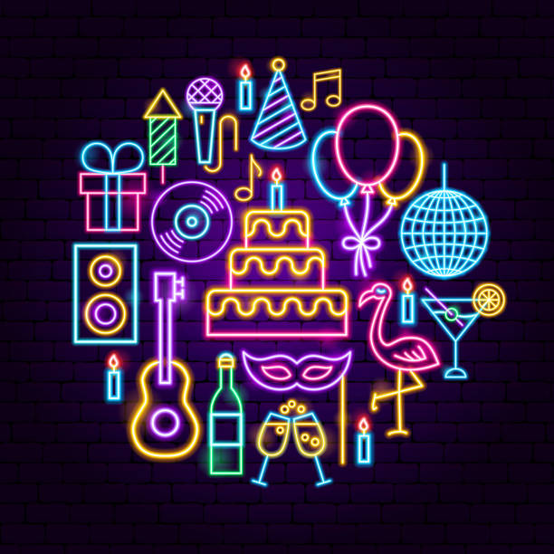 생일 파티 네온 컨셉 - disco mirror ball illustrations stock illustrations