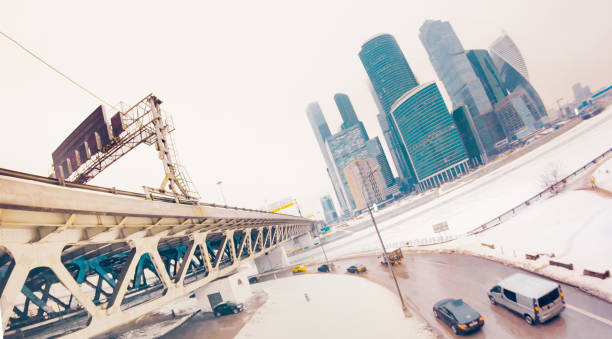 Moscow city scyscrappers and metal bridge stock photo