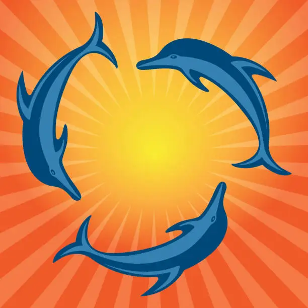 Vector illustration of Three dolphins on a background of the stylized sun. Vector image.
