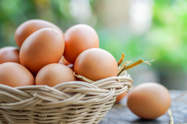 istock chicken eggs in basket on wooden table 1137040000
