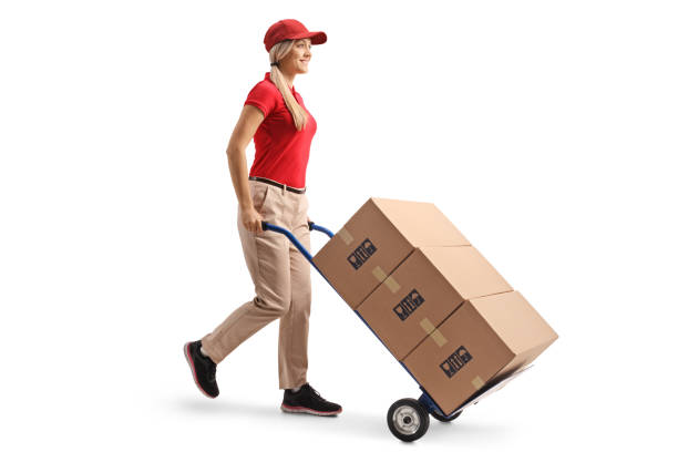 istock Female worker pushing boxes on a hand truck 1137040321