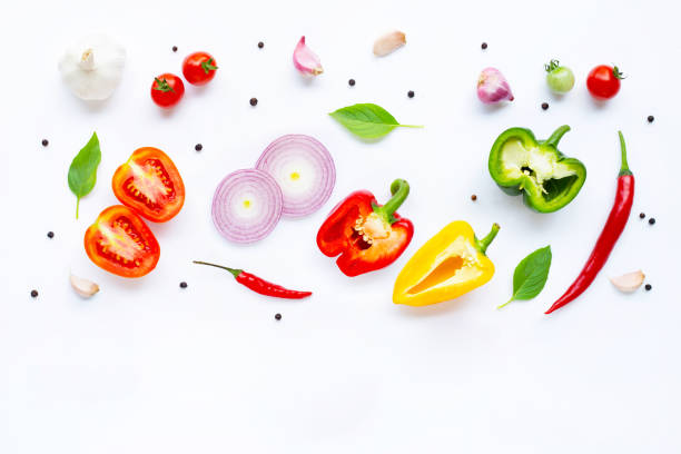 istock Various fresh vegetables and herbs on white background. Healthy eating concept 1137041452