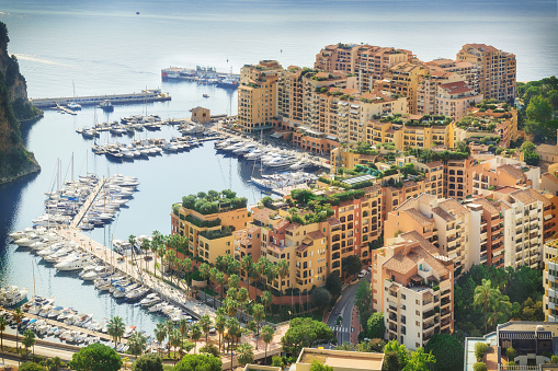 Luxury residential area Monaco-Ville with yachts, view from above, Monaco, Cote d'Azur, France