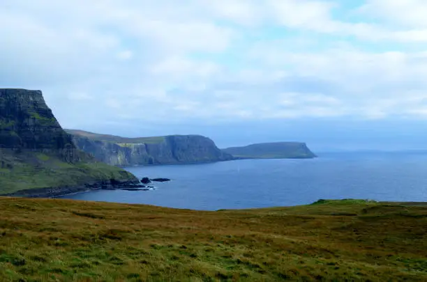The moors on the sea cliffs of Neist Point on the Isle of Skye in Scotland.