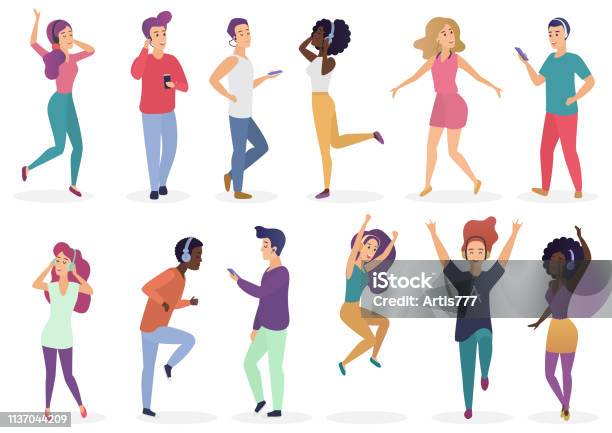 Diverse People Dancing And Listening Music With Headphones Cartoon Young Guys And Girls In Casual Clothes With Audio Players Vector Illustration Set Stock Illustration - Download Image Now