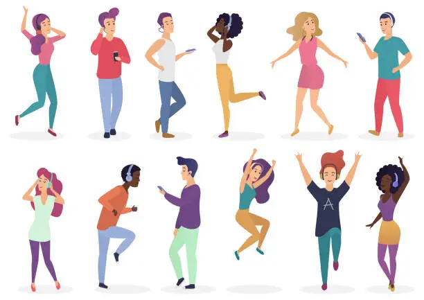 Vector illustration of Diverse people dancing and listening music with headphones. Cartoon young guys and girls in casual clothes with audio players vector Illustration set.